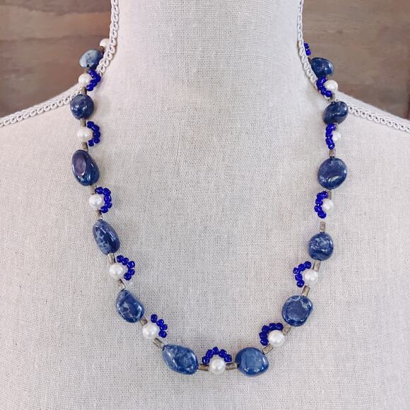 Sodalite Beaded Necklace, 90s Boho Tribal Faux Pearl Gemstone Eclectic Jewelry - Picture 5 of 10
